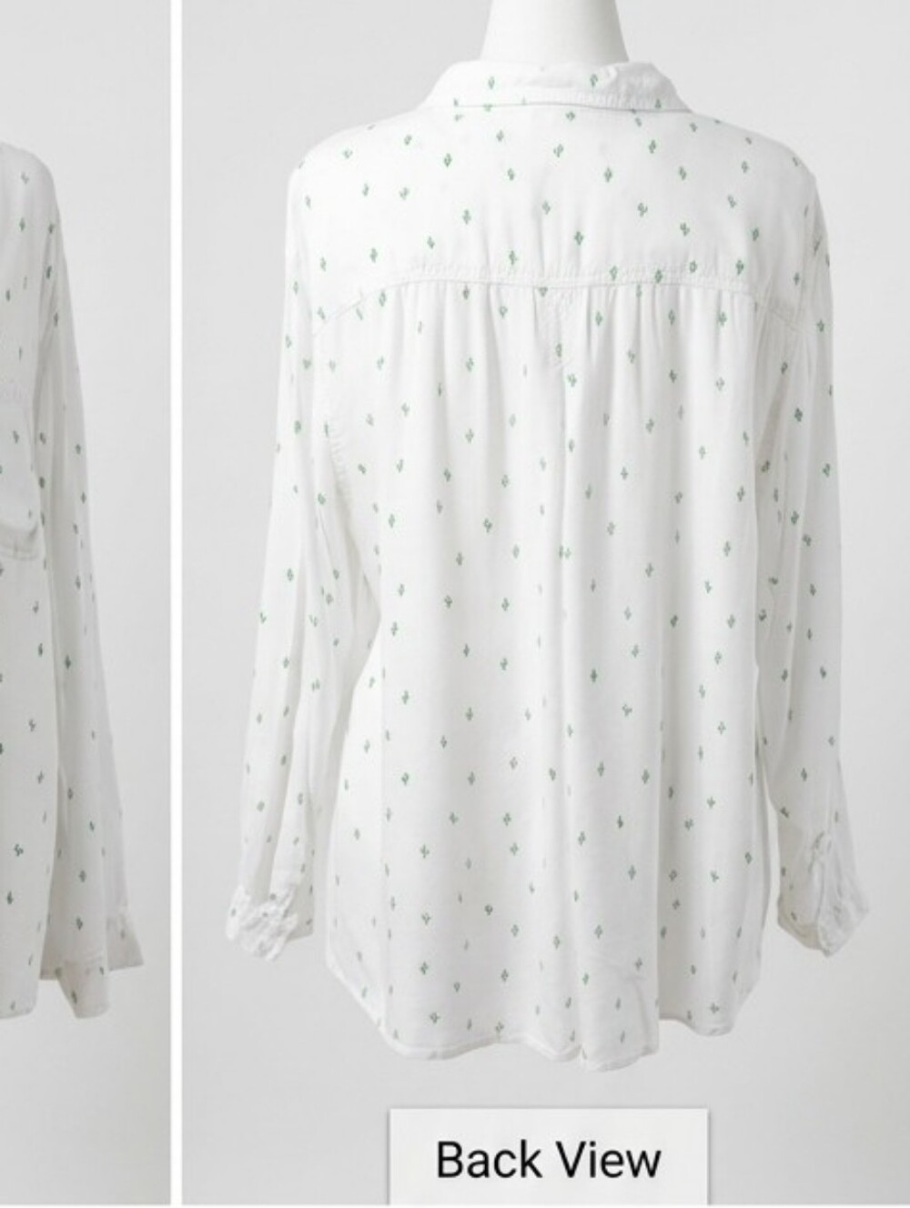 Flowy White Button-Up Blouse W/ Cute Tiny Green Cactus Print - Desert Babe View 4
